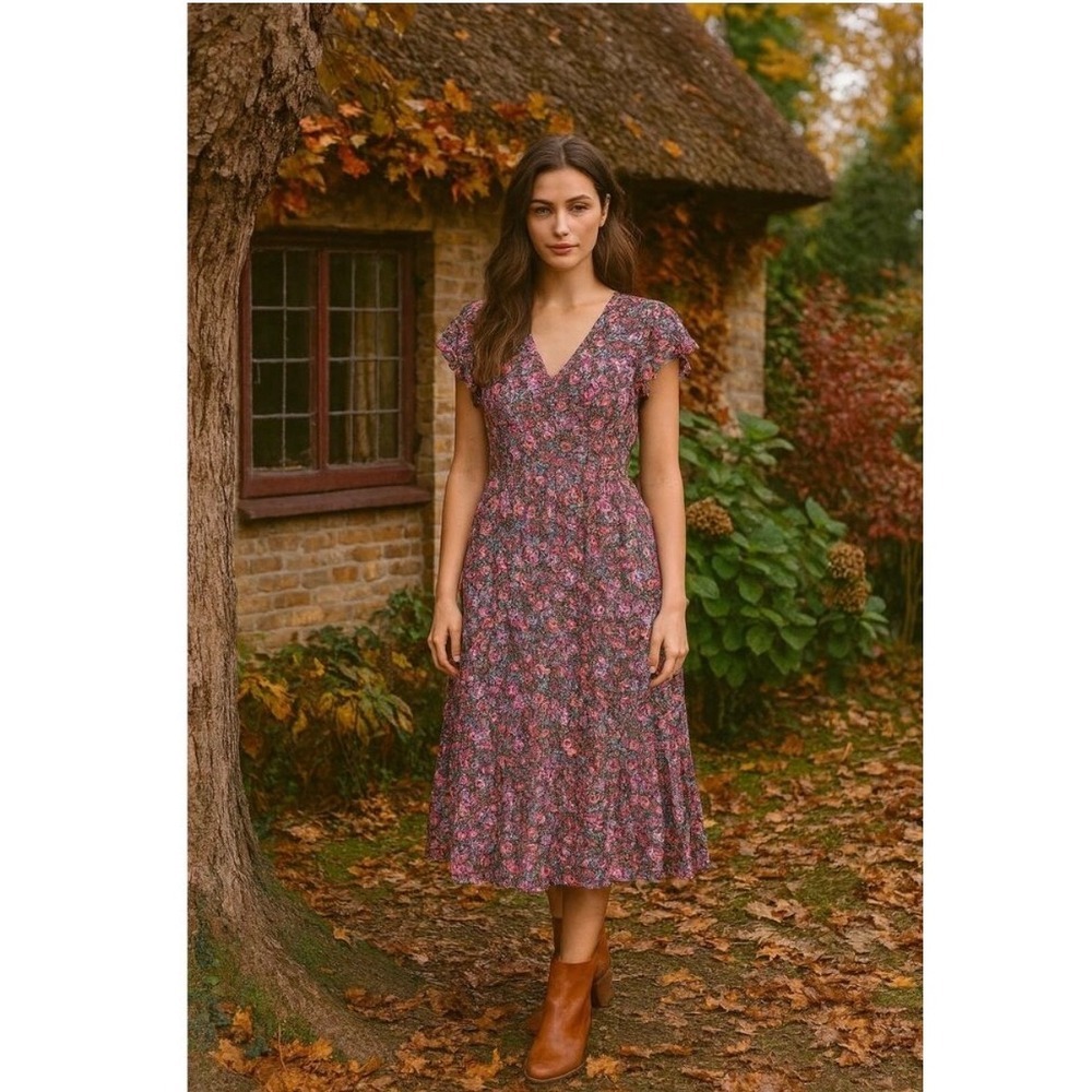 J.Crew Floral Tiered‎ Midi Dress Brown Purple V-Neck Flutter Sleeve Size 4